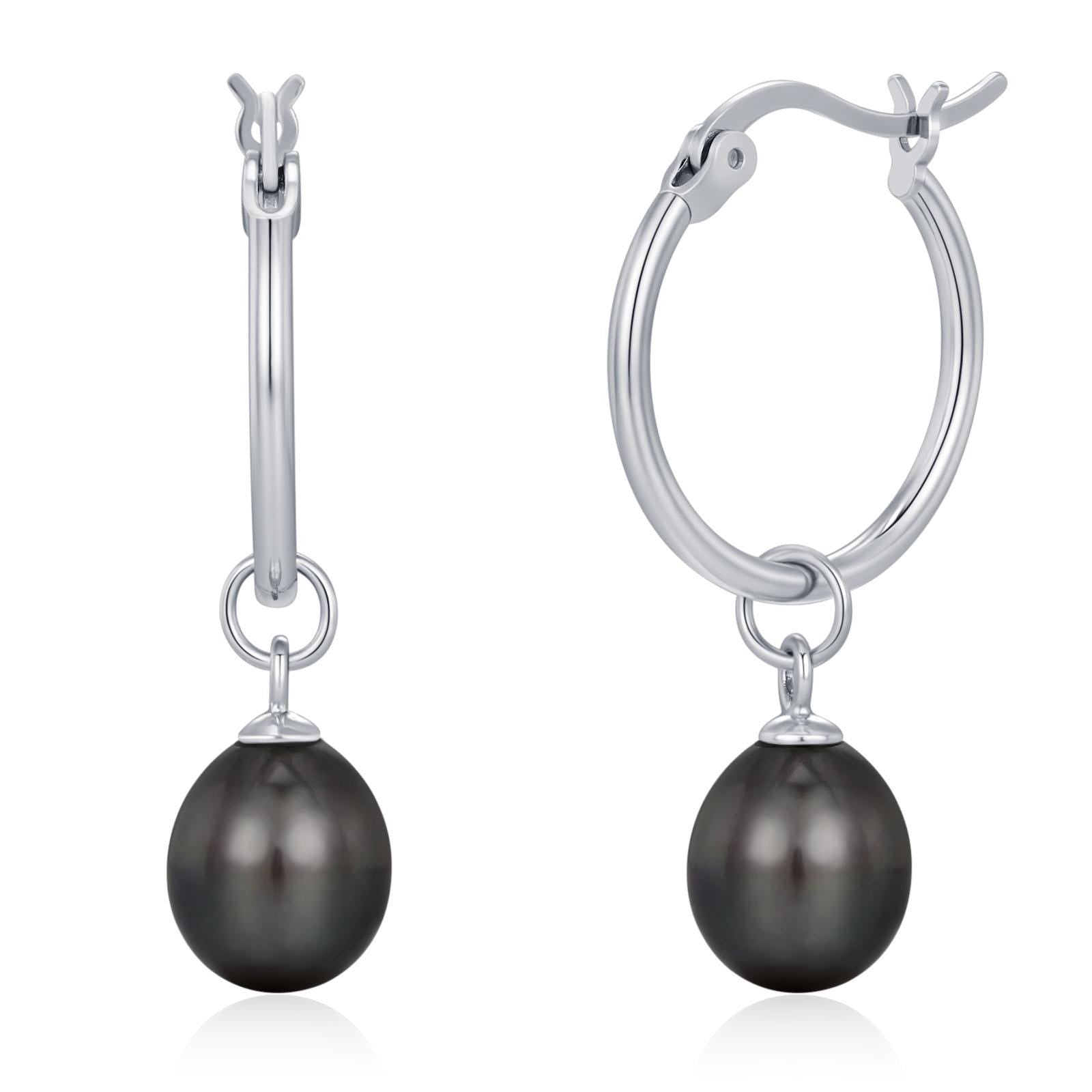 Natural Black Freshwater Pearl Hoop Earrings in Sterling Silver