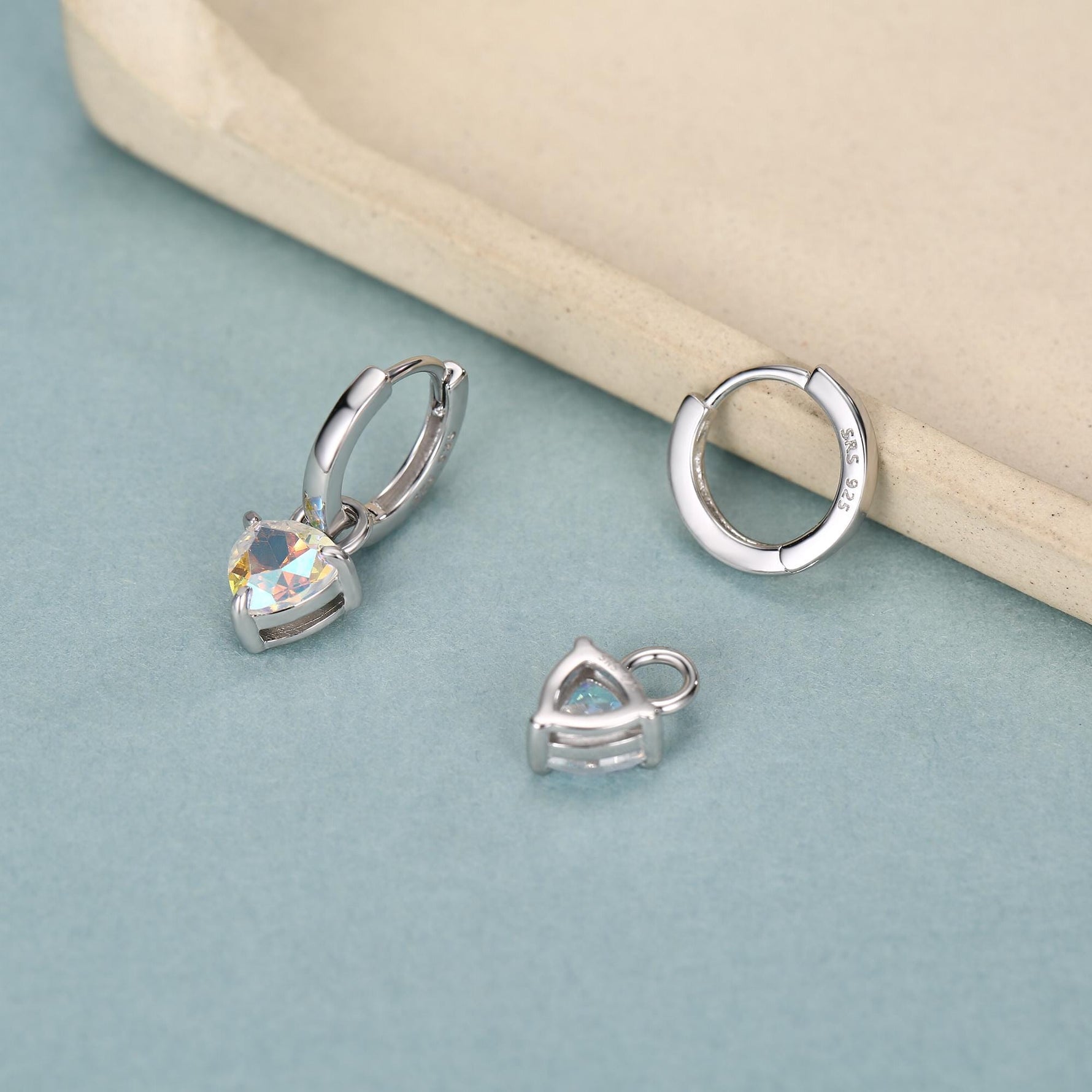 Sterling Silver Aurora AB CZ Trillion Cut Hoop Earrings, Silver or Gold, Triangle Dangle Hoop Earrings, Interchangeable Charm