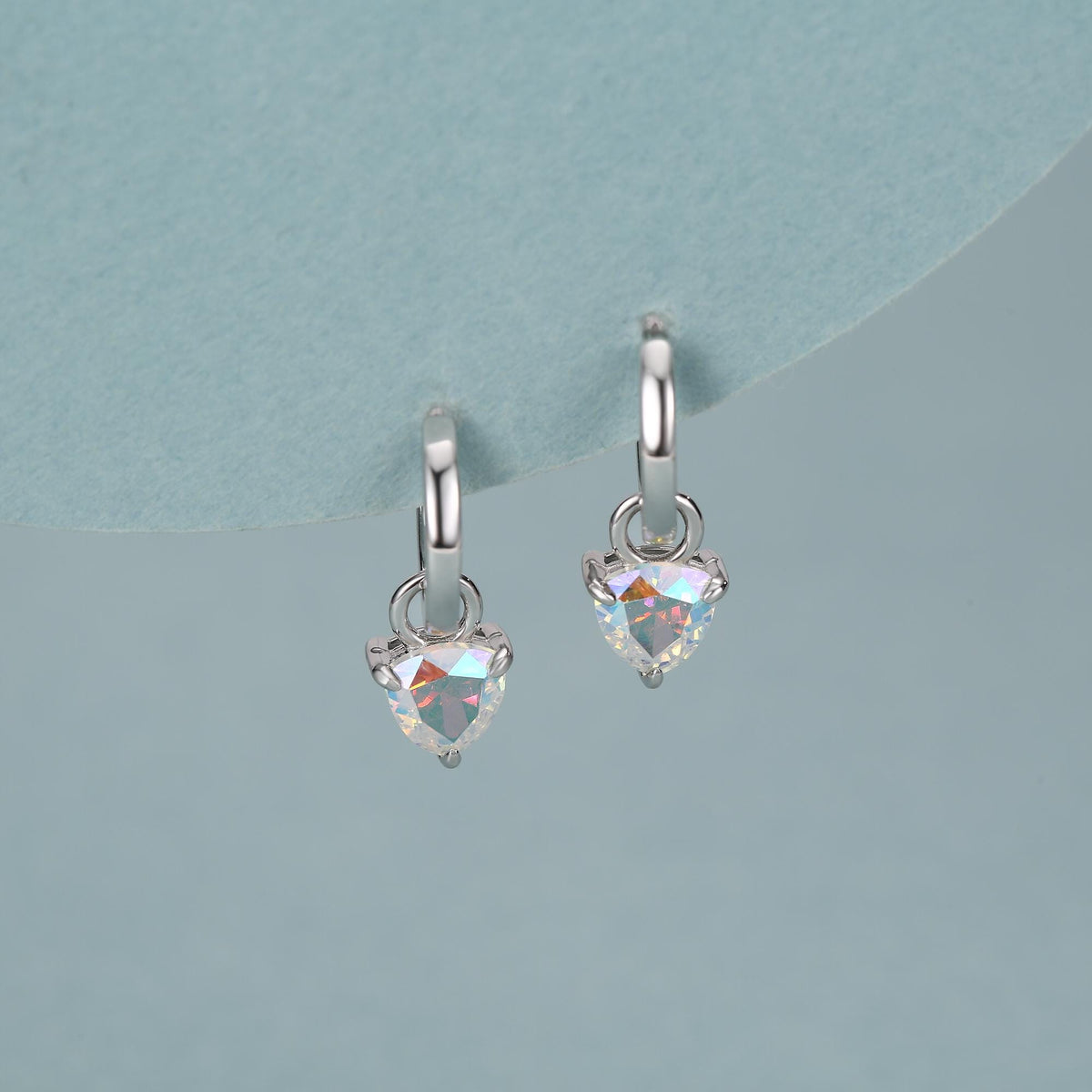 Sterling Silver Aurora AB CZ Trillion Cut Hoop Earrings, Silver or Gold, Triangle Dangle Hoop Earrings, Interchangeable Charm