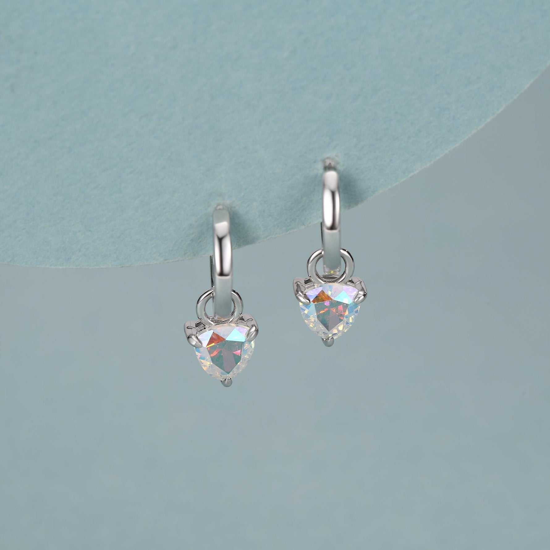 Sterling Silver Aurora AB CZ Trillion Cut Hoop Earrings, Silver or Gold, Triangle Dangle Hoop Earrings, Interchangeable Charm
