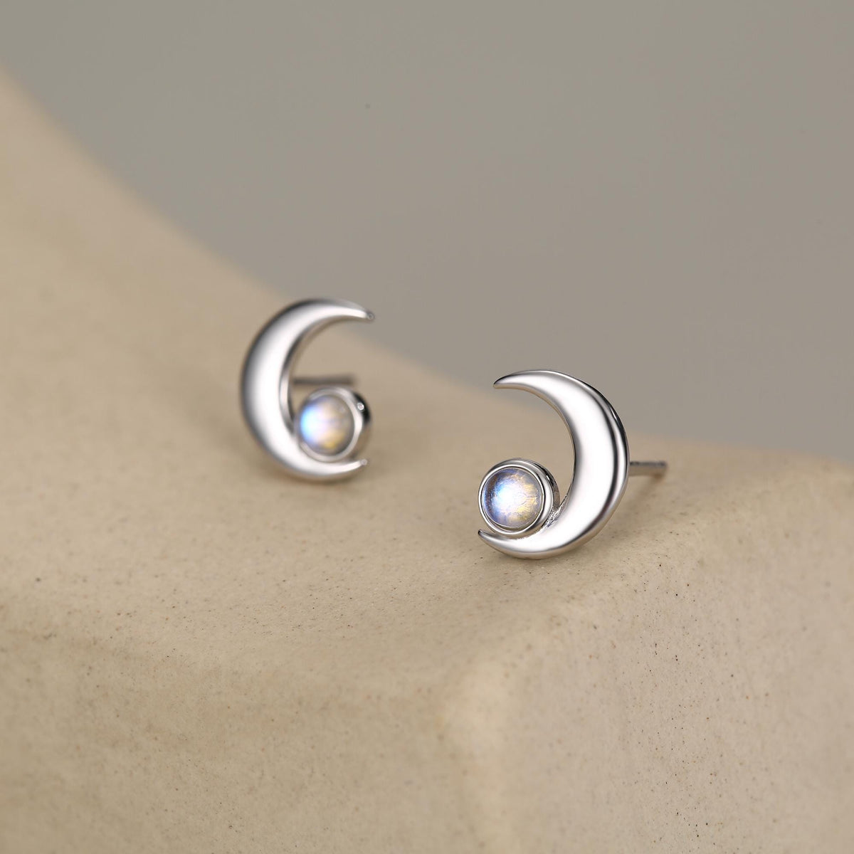 Cresent Moon with Moonstone Stud Earrings in Sterling Silver, Moon Earrings, Moon Stud, Celestial Moon Earrings