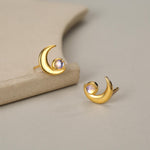 Cresent Moon with Moonstone Stud Earrings in Sterling Silver, Moon Earrings, Moon Stud, Celestial Moon Earrings