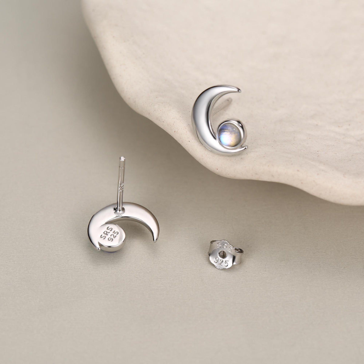 Cresent Moon with Moonstone Stud Earrings in Sterling Silver, Moon Earrings, Moon Stud, Celestial Moon Earrings