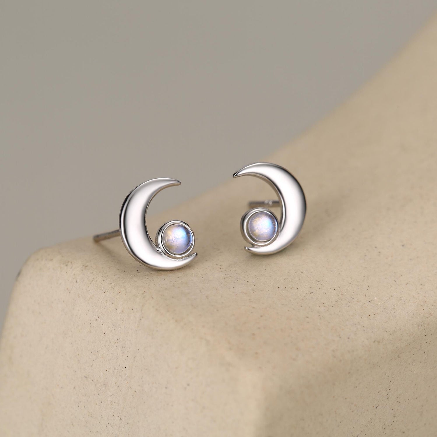 Cresent Moon with Moonstone Stud Earrings in Sterling Silver, Moon Earrings, Moon Stud, Celestial Moon Earrings