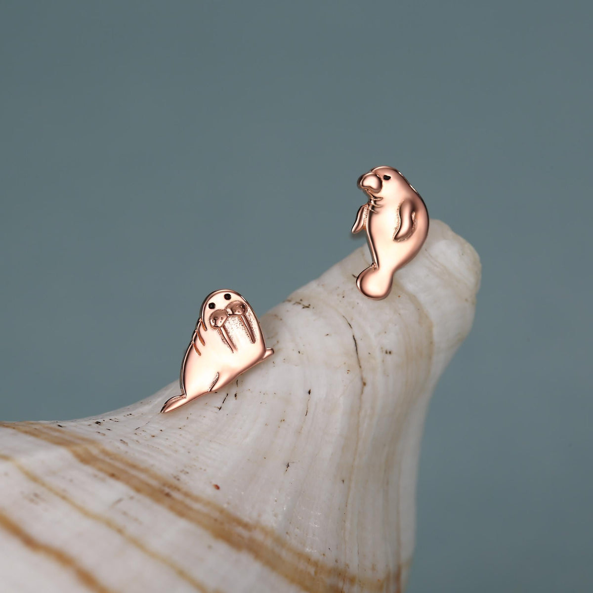 Sterling Silver Walrus & Manatee Mismatched Stud Earrings, Asymmetric Manatee and Walrus Earrings