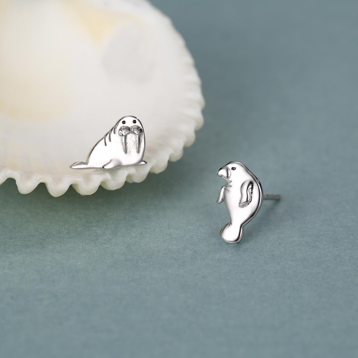 Sterling Silver Walrus & Manatee Mismatched Stud Earrings, Asymmetric Manatee and Walrus Earrings