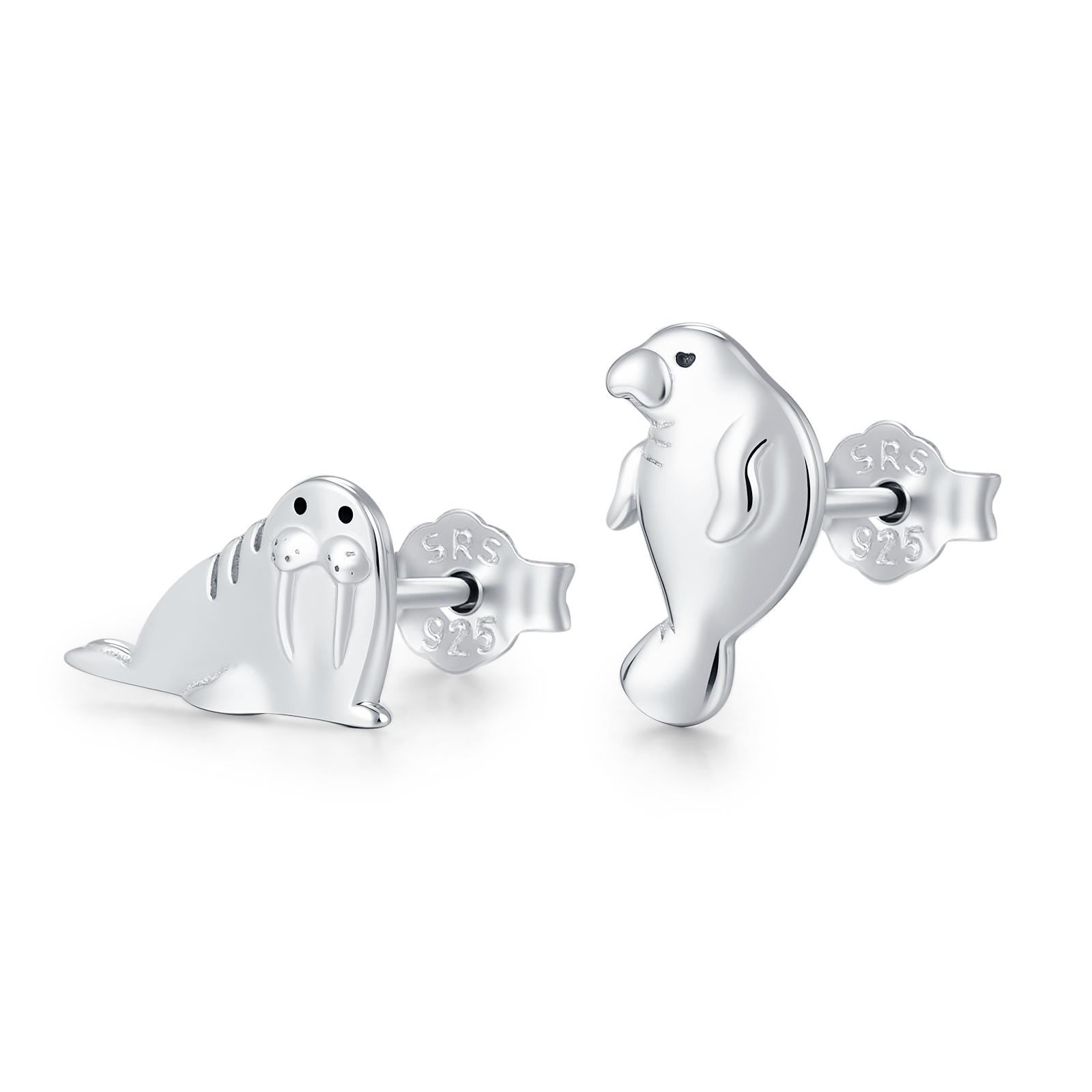 Sterling Silver Walrus & Manatee Mismatched Stud Earrings, Asymmetric Manatee and Walrus Earrings
