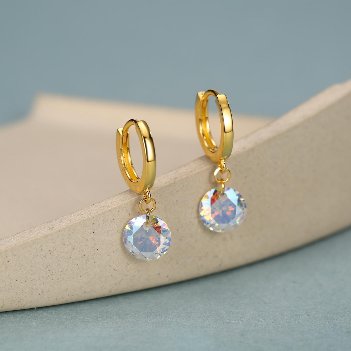 Dangle Aurora CZ Huggie Hoop Earrings in Sterling Silver, Silver or Gold, Delicate Sparky AB CZ Skinny Hoops, Colour Changing Crystal Hoops