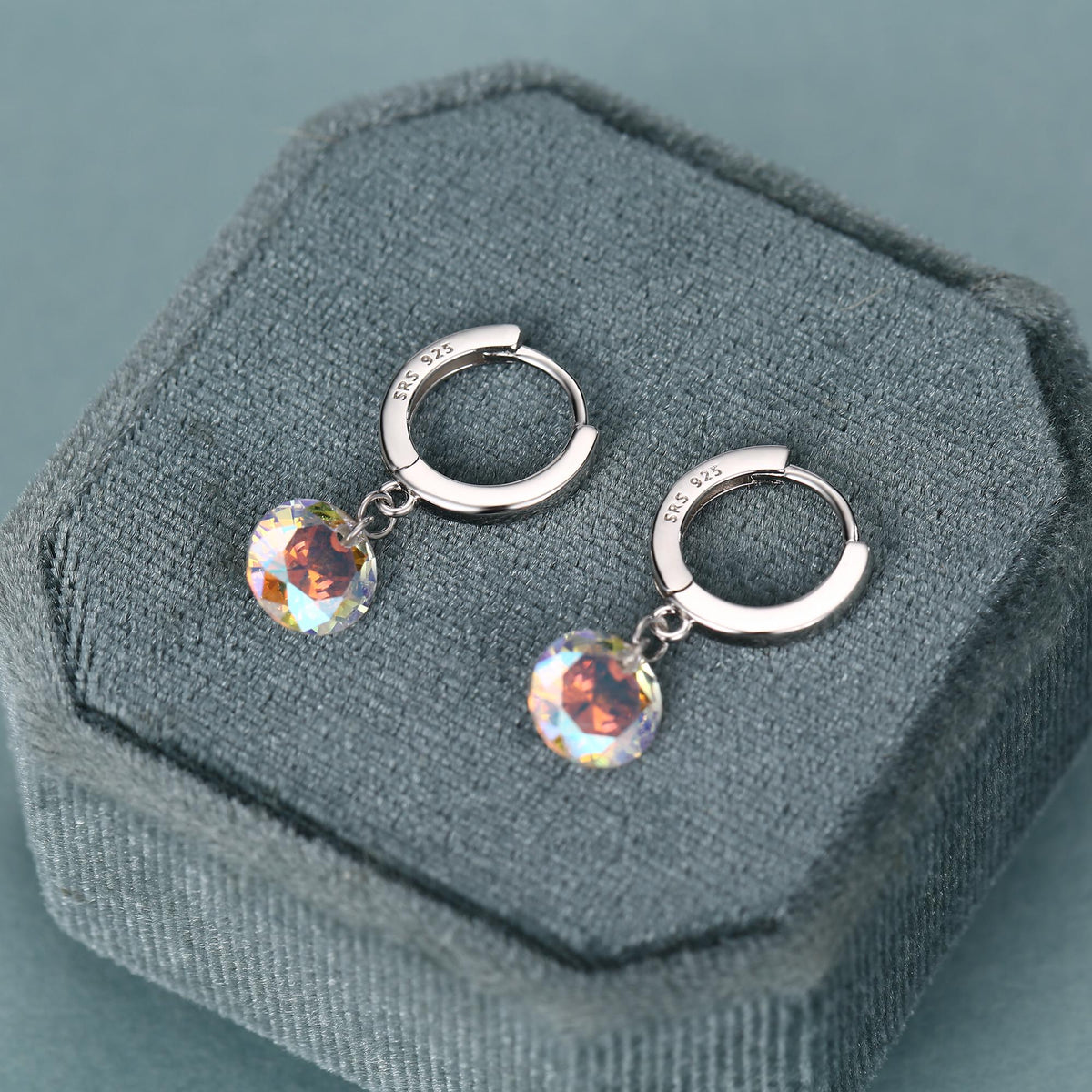 Dangle Aurora CZ Huggie Hoop Earrings in Sterling Silver, Silver or Gold, Delicate Sparky AB CZ Skinny Hoops, Colour Changing Crystal Hoops