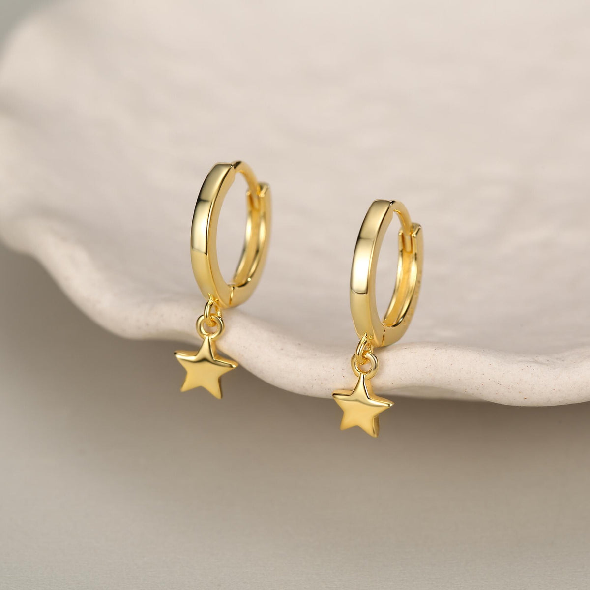 Pair of Star Huggie Hoop Earrings in Sterling Silver, Dangle Star Hoops, Celestial Earrings, Silver, Gold or Rose Gold