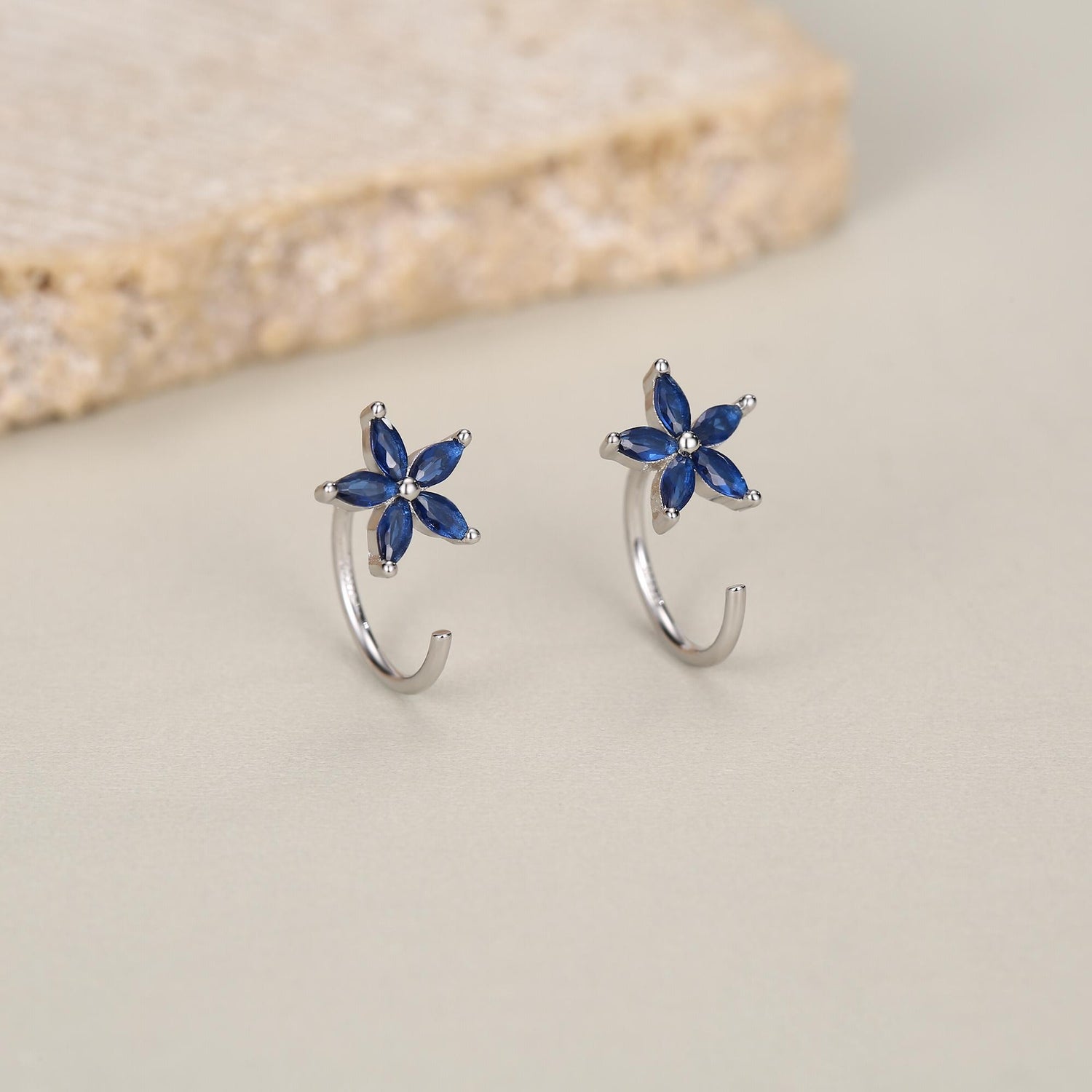 Sapphire Blue CZ Flower Huggie Hoop Earrings in Sterling Silver, Gold or Silver, Marquise CZ Flower Threader Hoop Earrings, Pull Through