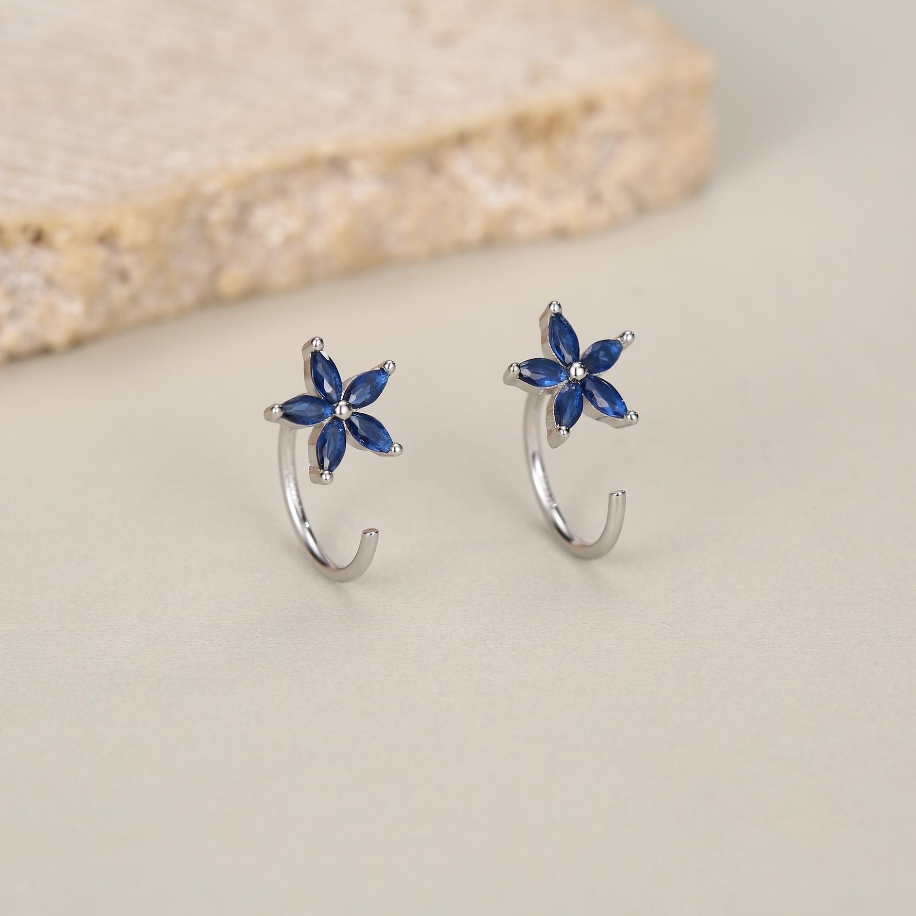 Sapphire Blue CZ Flower Huggie Hoop Earrings in Sterling Silver, Gold or Silver, Marquise CZ Flower Threader Hoop Earrings, Pull Through