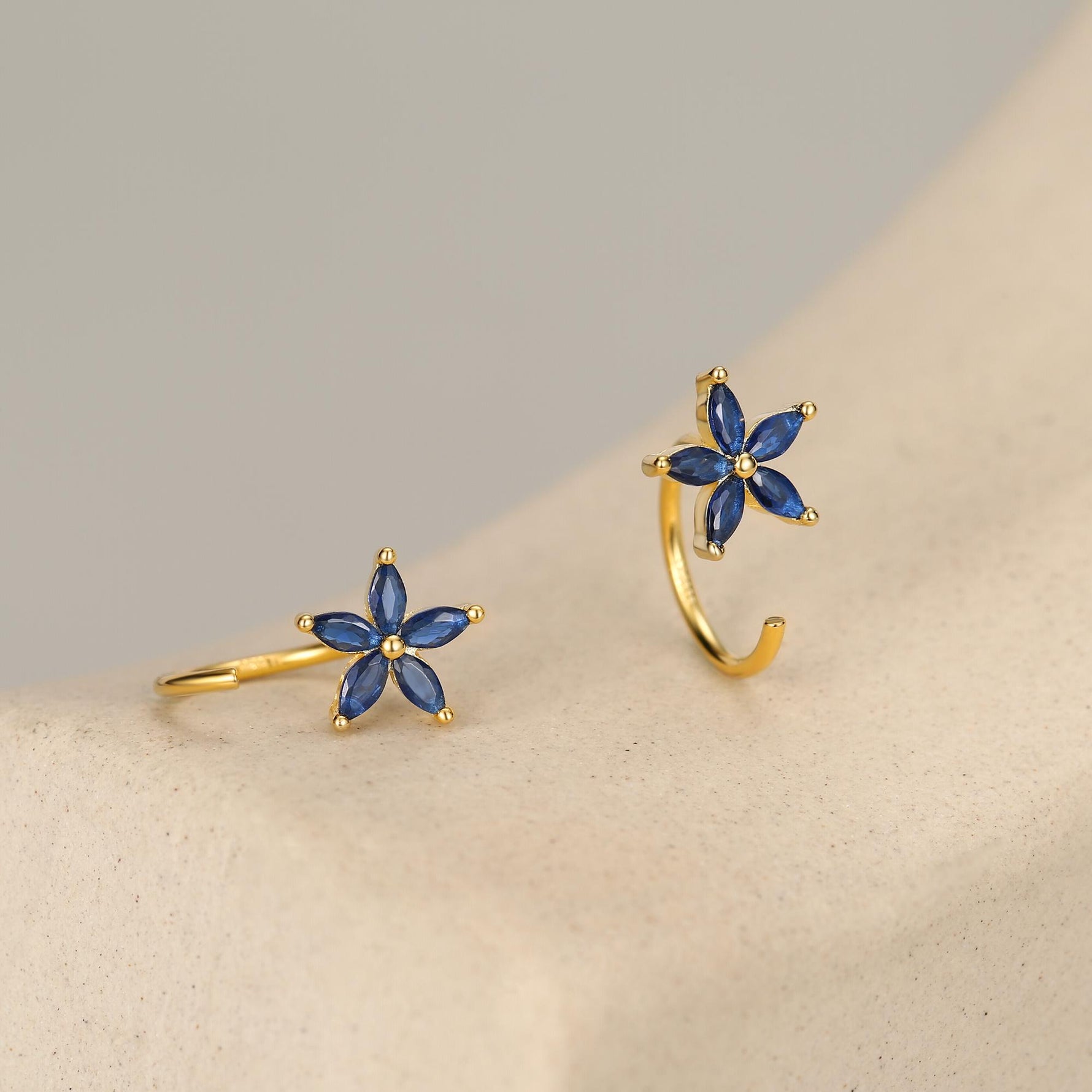 Sapphire Blue CZ Flower Huggie Hoop Earrings in Sterling Silver, Gold or Silver, Marquise CZ Flower Threader Hoop Earrings, Pull Through