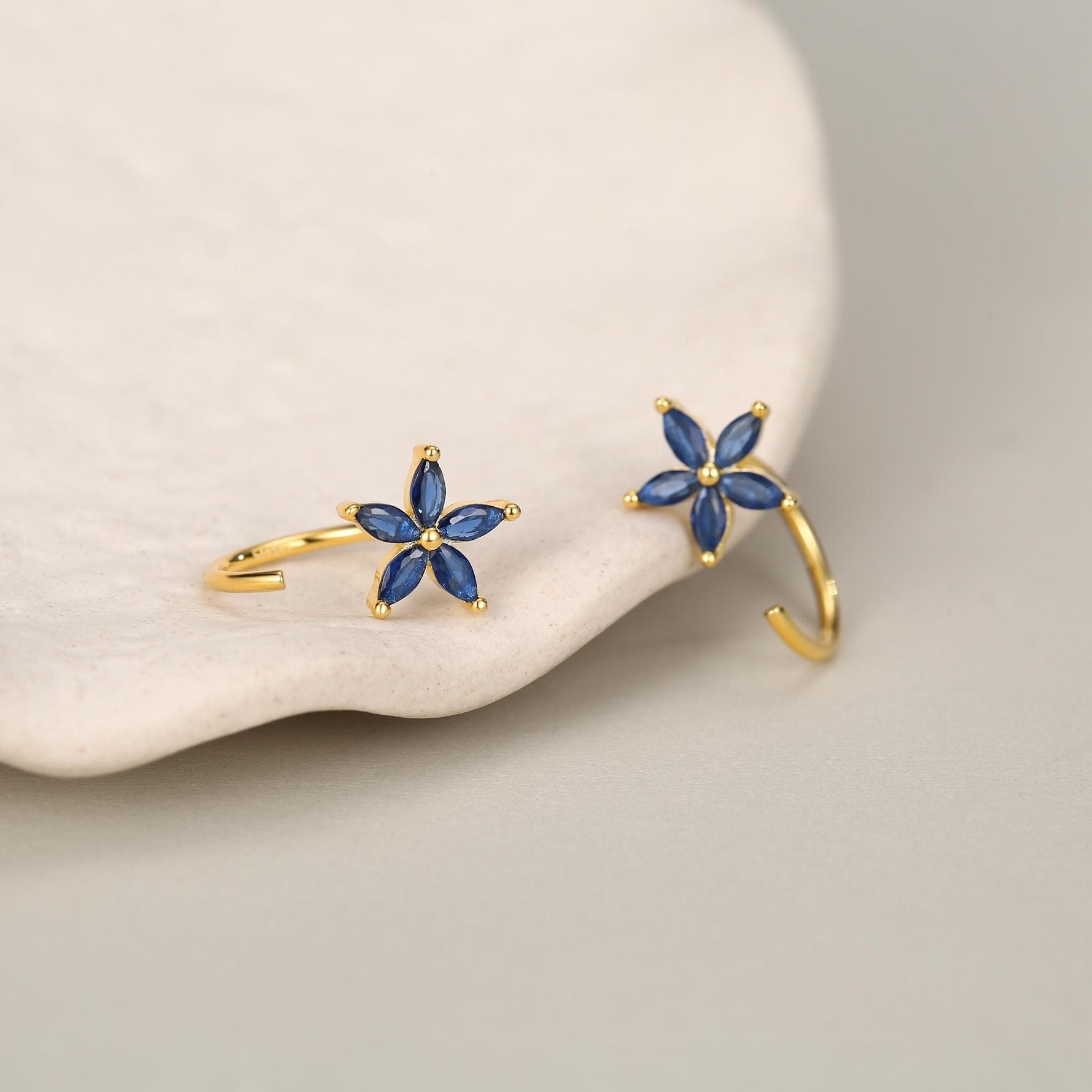 Sapphire Blue CZ Flower Huggie Hoop Earrings in Sterling Silver, Gold or Silver, Marquise CZ Flower Threader Hoop Earrings, Pull Through