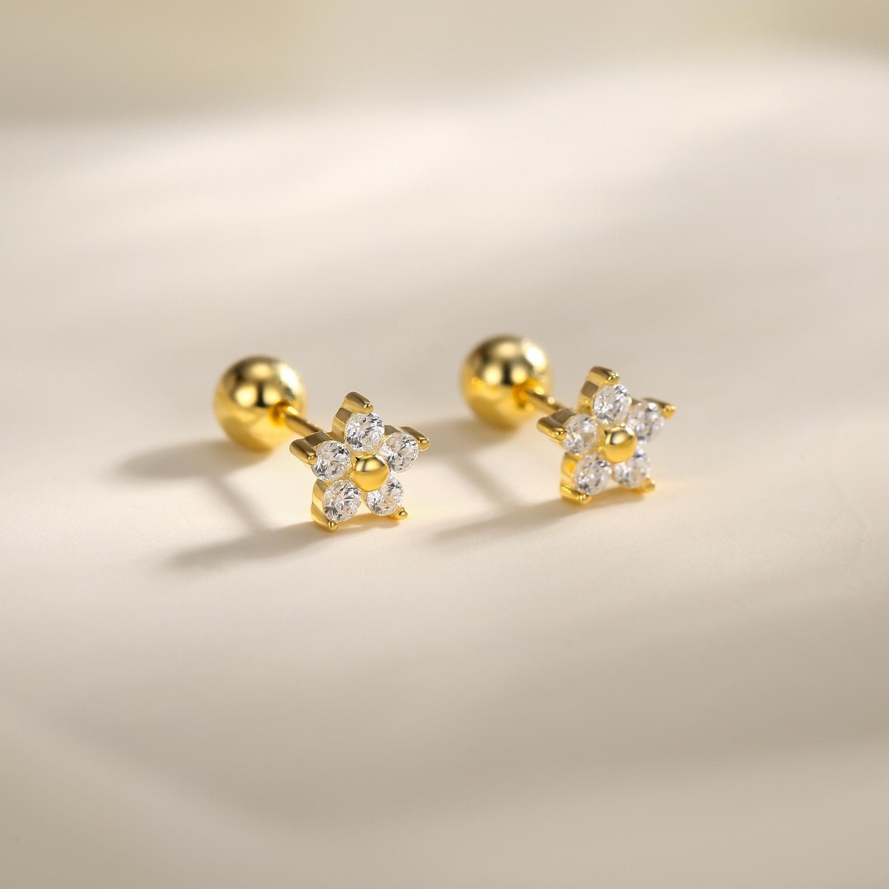 Tiny Flower CZ Screw Back Earrings in Sterling Silver, Forget Me Not Floral CZ Earrings, Silver, Gold and Rose Gold, Flower CZ Earrings