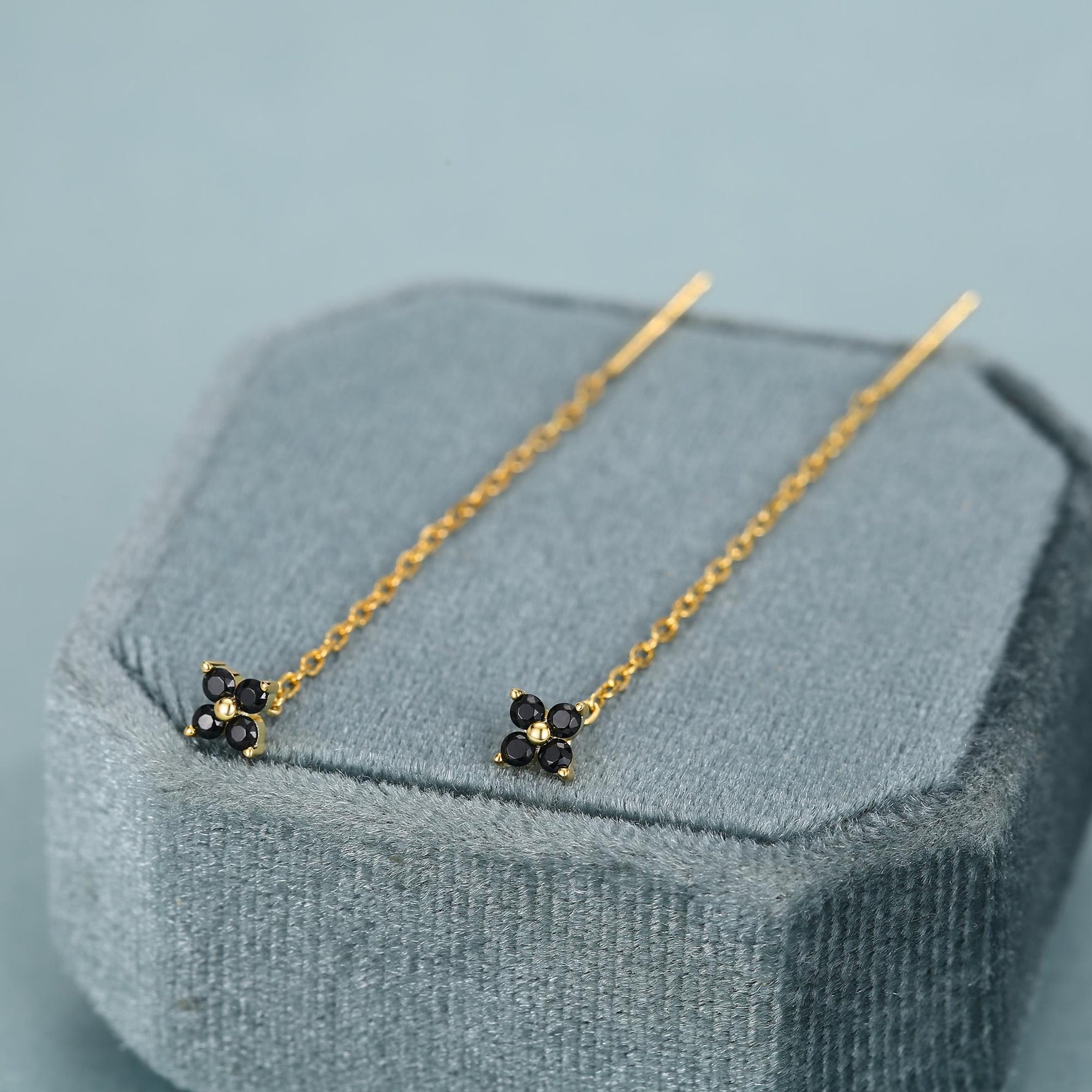 Black Hydrangea Flower CZ Threader Earrings in Sterling Silver, Silver or Gold, Four Dot Crystal Ear Threaders, Flower CZ Earrings