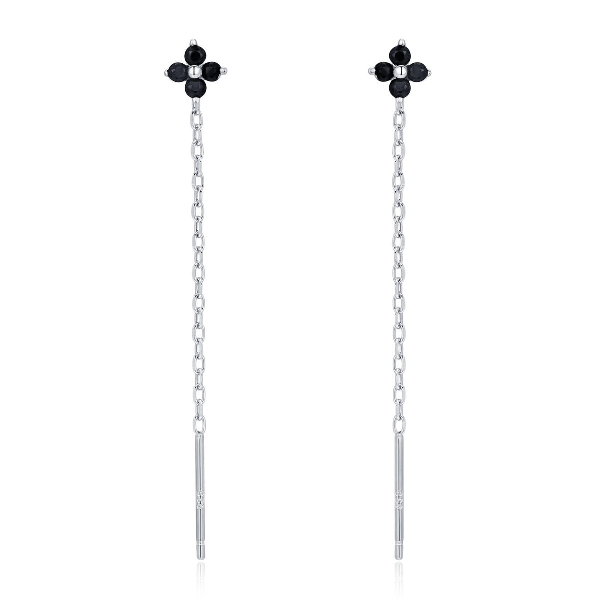 Black Hydrangea Flower CZ Threader Earrings in Sterling Silver, Silver or Gold, Four Dot Crystal Ear Threaders, Flower CZ Earrings