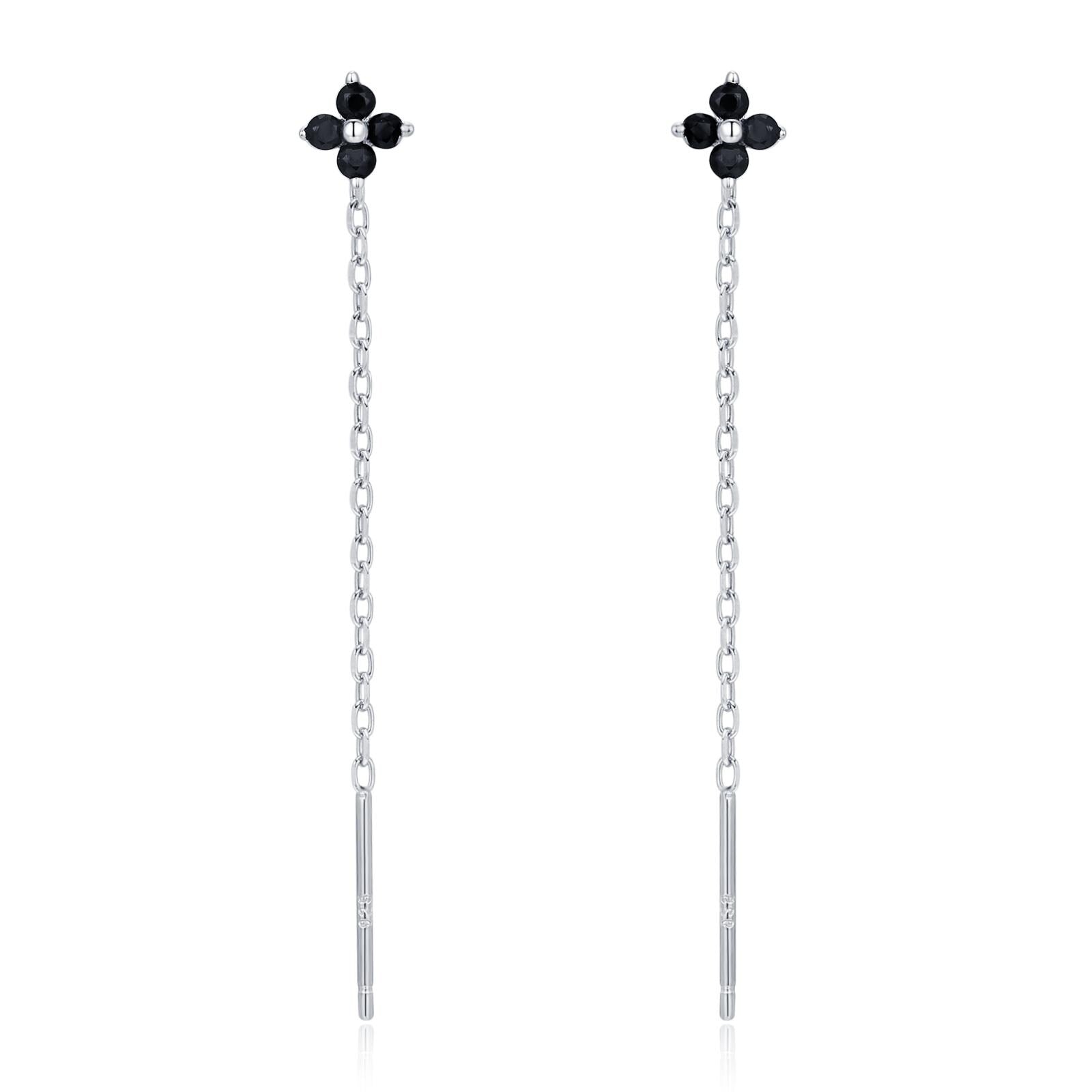 Black Hydrangea Flower CZ Threader Earrings in Sterling Silver, Silver or Gold, Four Dot Crystal Ear Threaders, Flower CZ Earrings