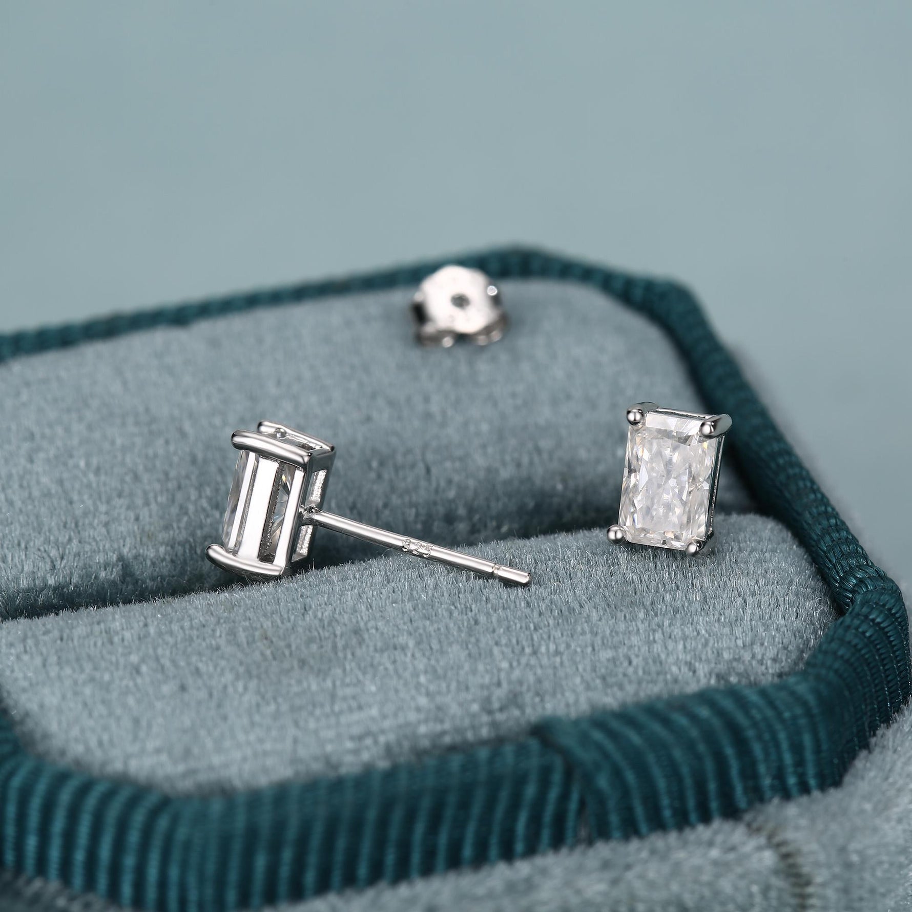 Emerald Cut Diamond CZ Stud Earrings in Sterling Silver, Silver or Gold, Square Cut Crystal Earrings, April Birthstone