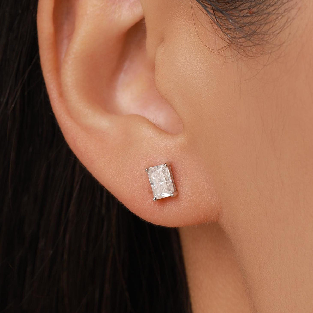 Emerald Cut Diamond CZ Stud Earrings in Sterling Silver, Silver or Gold, Square Cut Crystal Earrings, April Birthstone