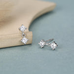 Tiny Double CZ Dangle Stud Earrings in Sterling Silver, Silver or Gold, Two CZ Prong Set Earrings, Solid Silver Crystal Earrings
