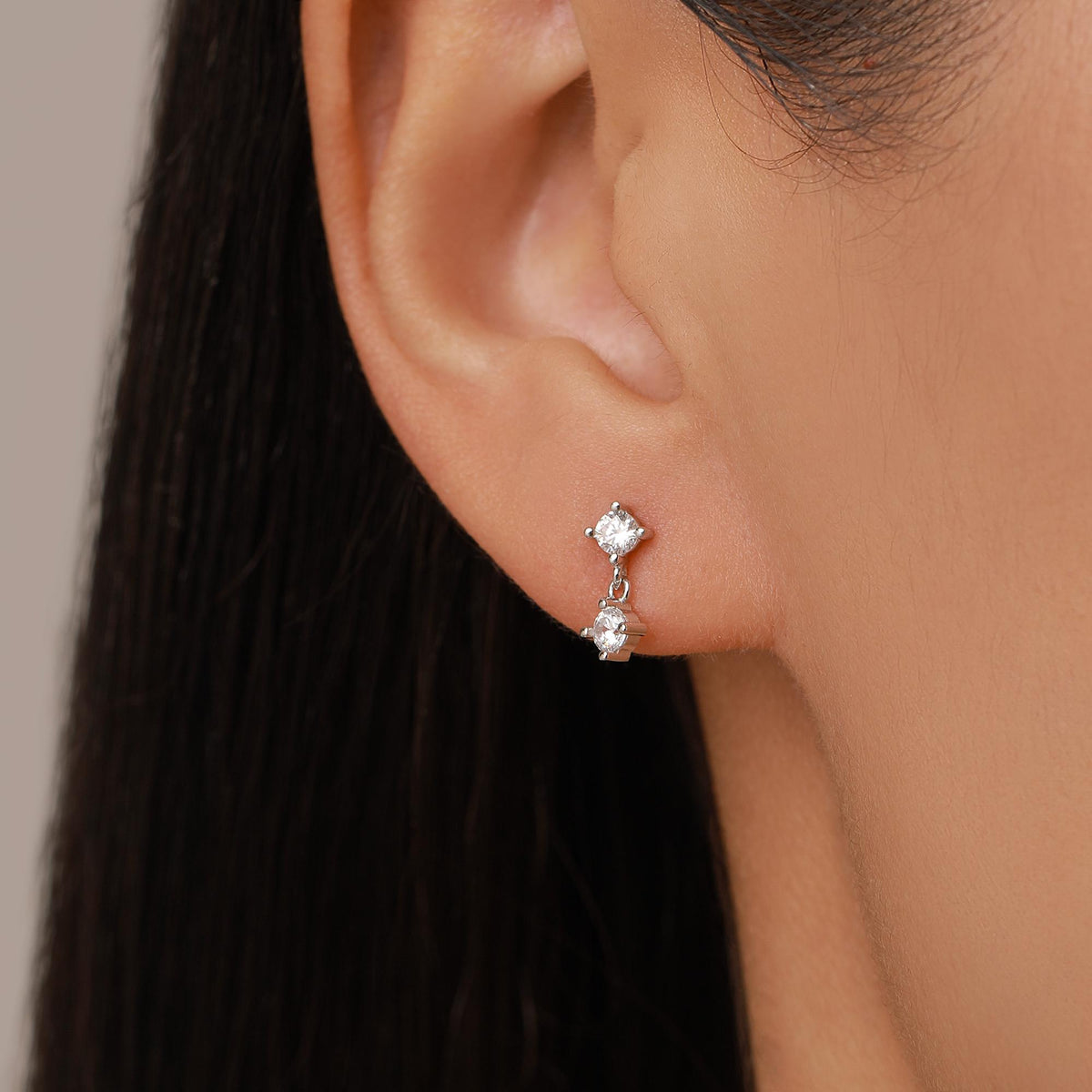 Tiny Double CZ Dangle Stud Earrings in Sterling Silver, Silver or Gold, Two CZ Prong Set Earrings, Solid Silver Crystal Earrings