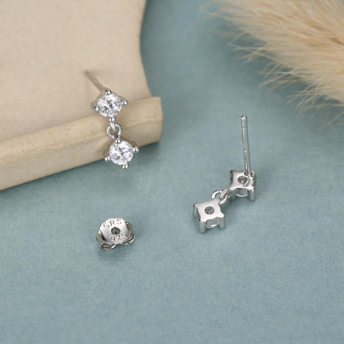 Tiny Double CZ Dangle Stud Earrings in Sterling Silver, Silver or Gold, Two CZ Prong Set Earrings, Solid Silver Crystal Earrings