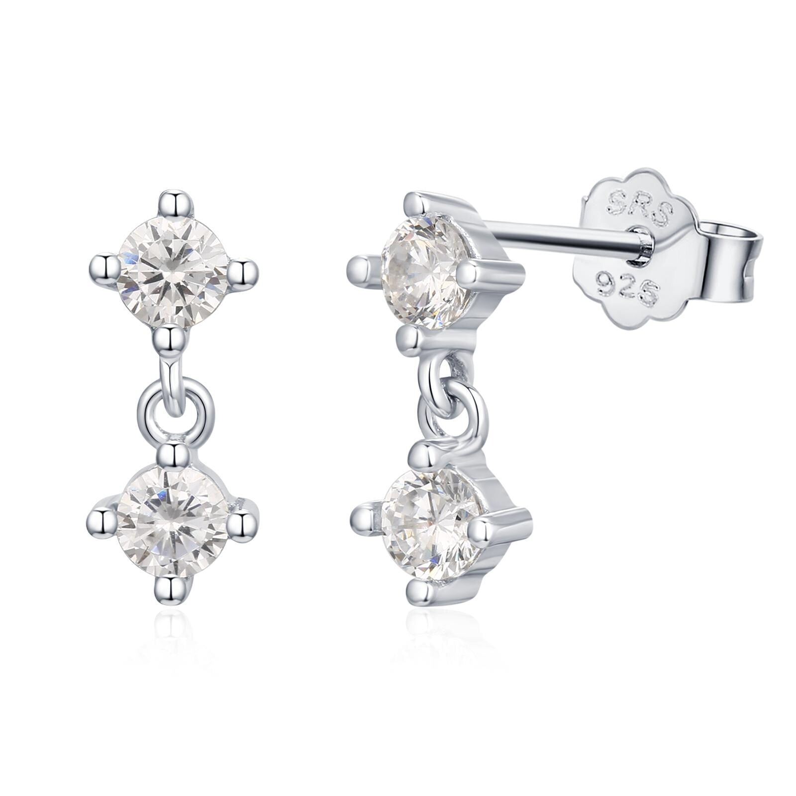 Tiny Double CZ Dangle Stud Earrings in Sterling Silver, Silver or Gold, Two CZ Prong Set Earrings, Solid Silver Crystal Earrings