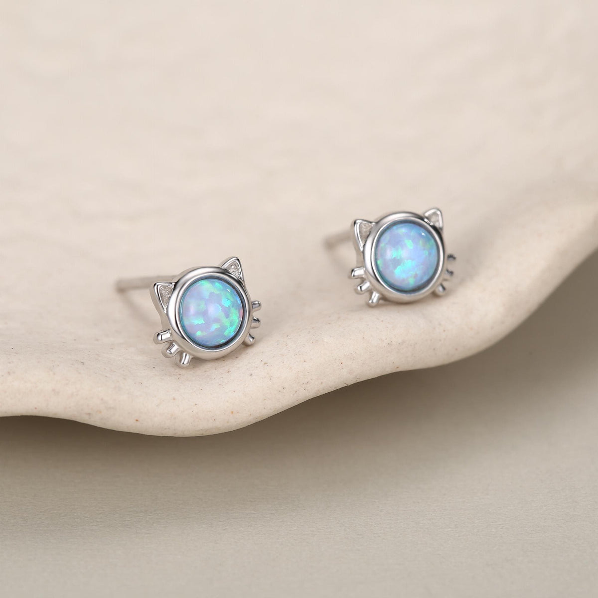 Sterling Silver Blue Opal Cat Stud Earrings