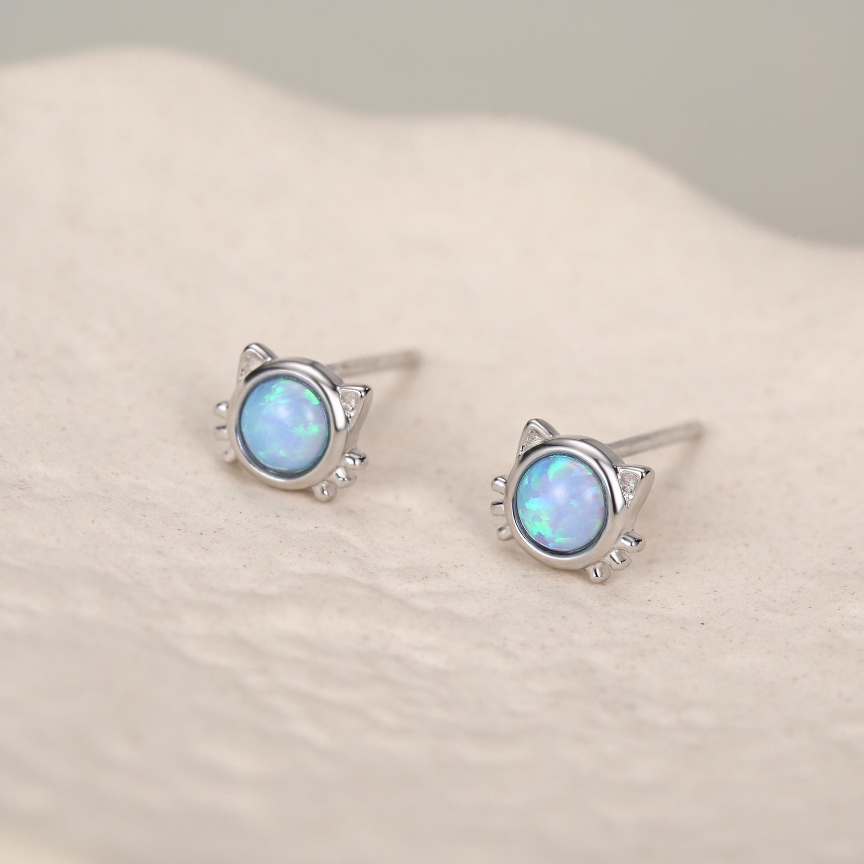 Sterling Silver Blue Opal Cat Stud Earrings