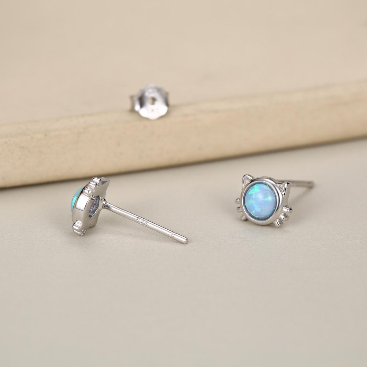 Sterling Silver Blue Opal Cat Stud Earrings