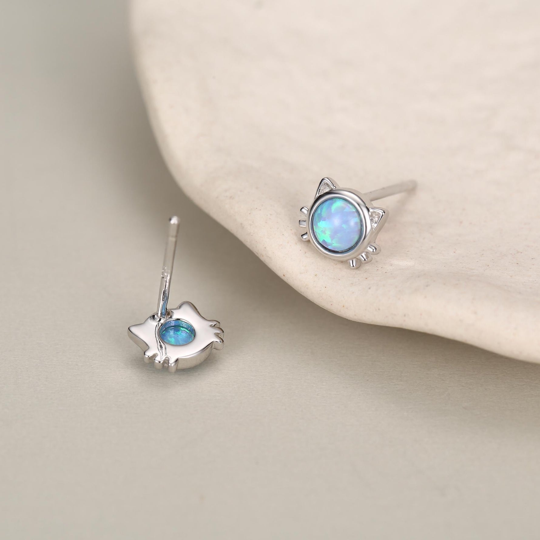 Sterling Silver Blue Opal Cat Stud Earrings