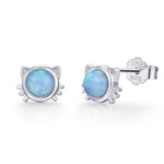 Sterling Silver Blue Opal Cat Stud Earrings