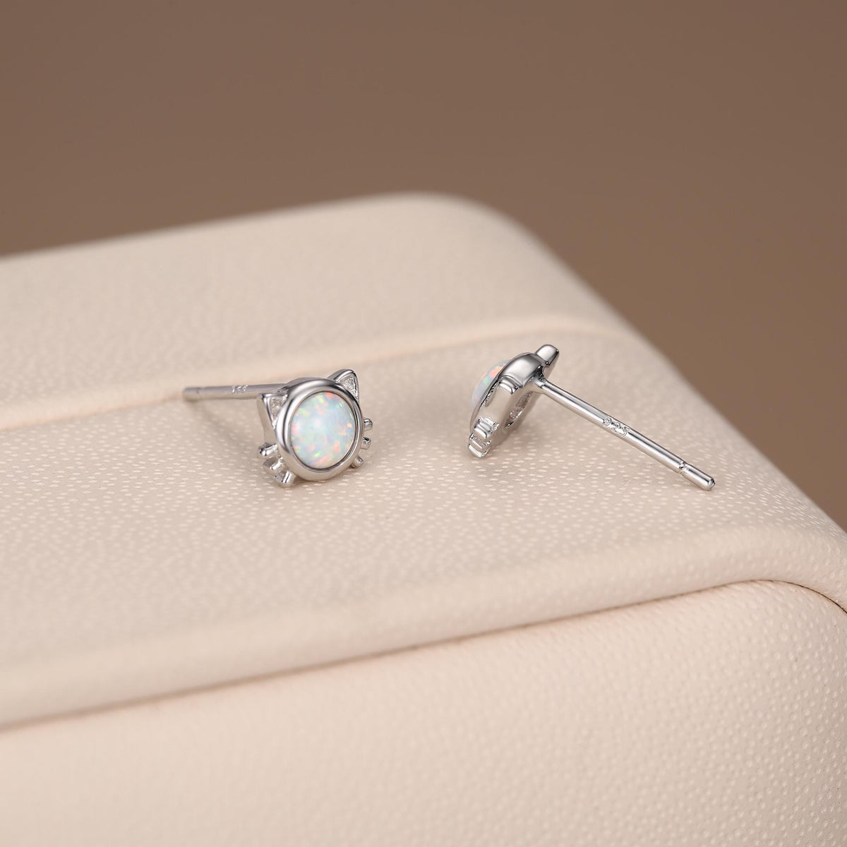 Sterling Silver White Opal Cat Stud Earrings