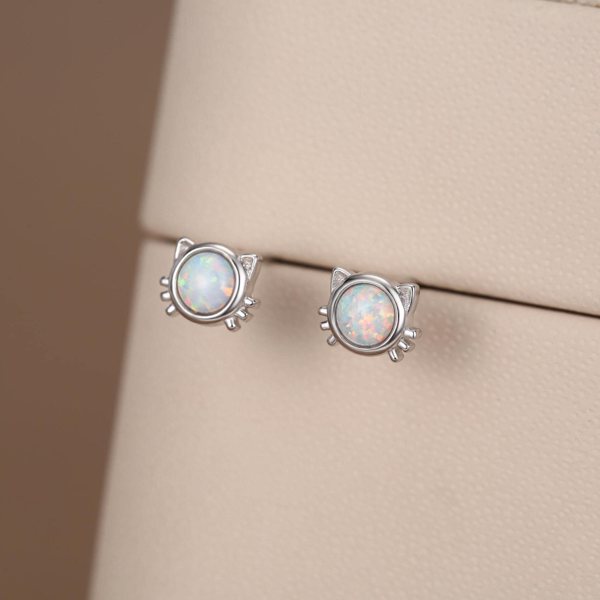 Sterling Silver White Opal Cat Stud Earrings