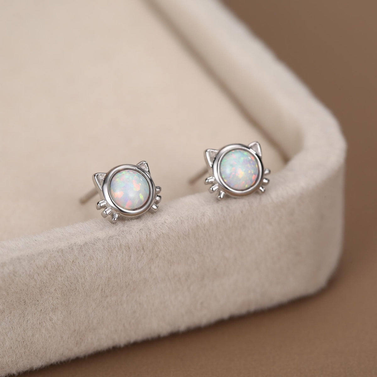 Sterling Silver White Opal Cat Stud Earrings