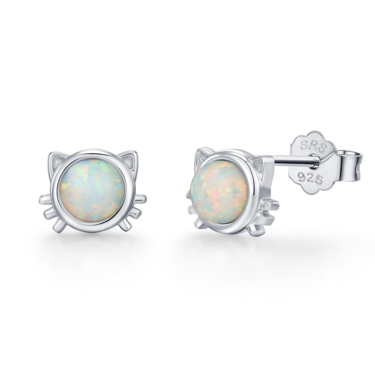 Sterling Silver White Opal Cat Stud Earrings