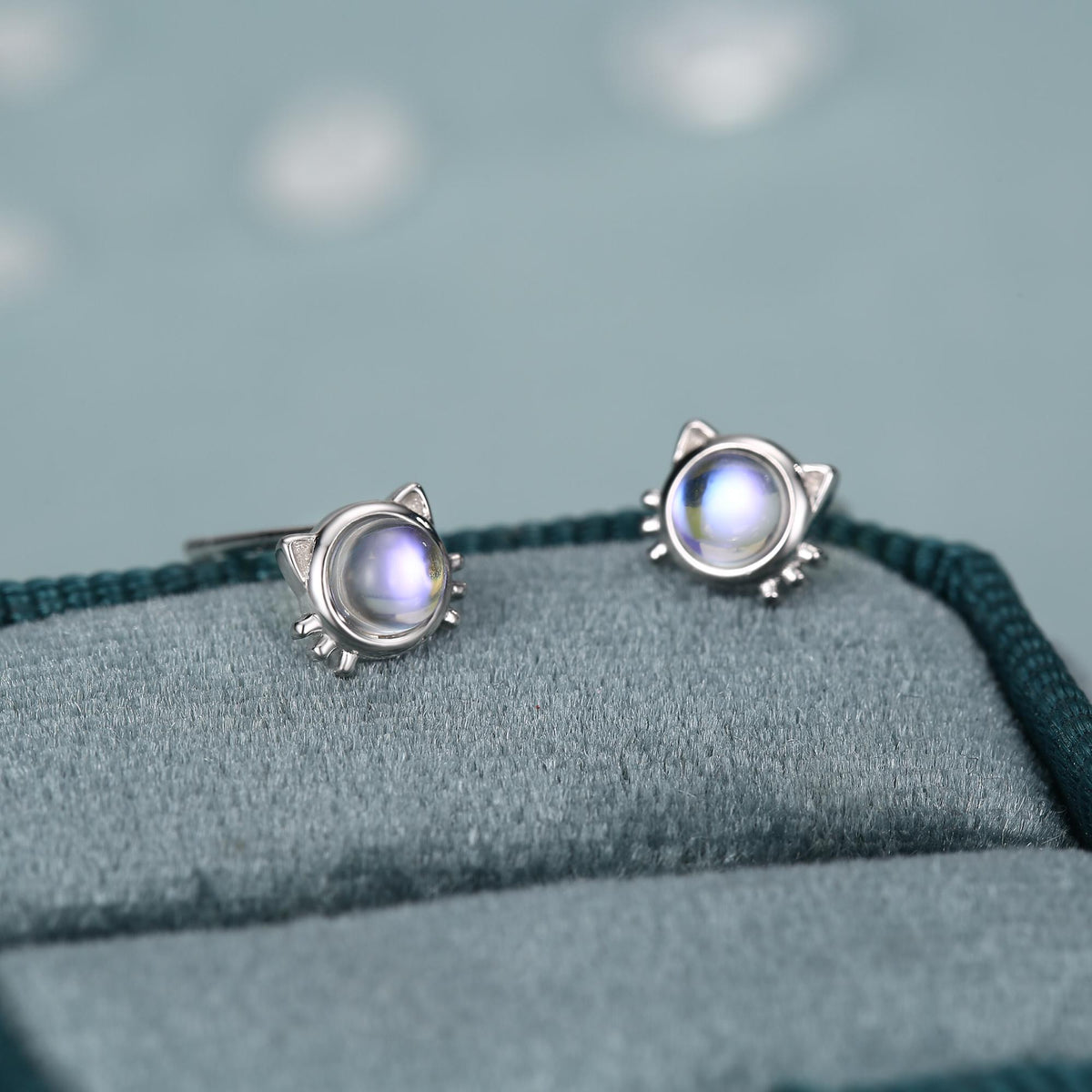 Moonstone Cat Stud Earrings in Sterling Silver, Opal Cat Earrings, Silver or Gold, Kitty Cat Earrings, Cat Lover Earrings