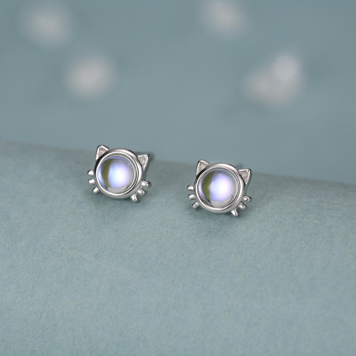Moonstone Cat Stud Earrings in Sterling Silver, Opal Cat Earrings, Silver or Gold, Kitty Cat Earrings, Cat Lover Earrings