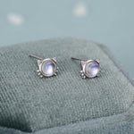 Moonstone Cat Stud Earrings in Sterling Silver, Opal Cat Earrings, Silver or Gold, Kitty Cat Earrings, Cat Lover Earrings