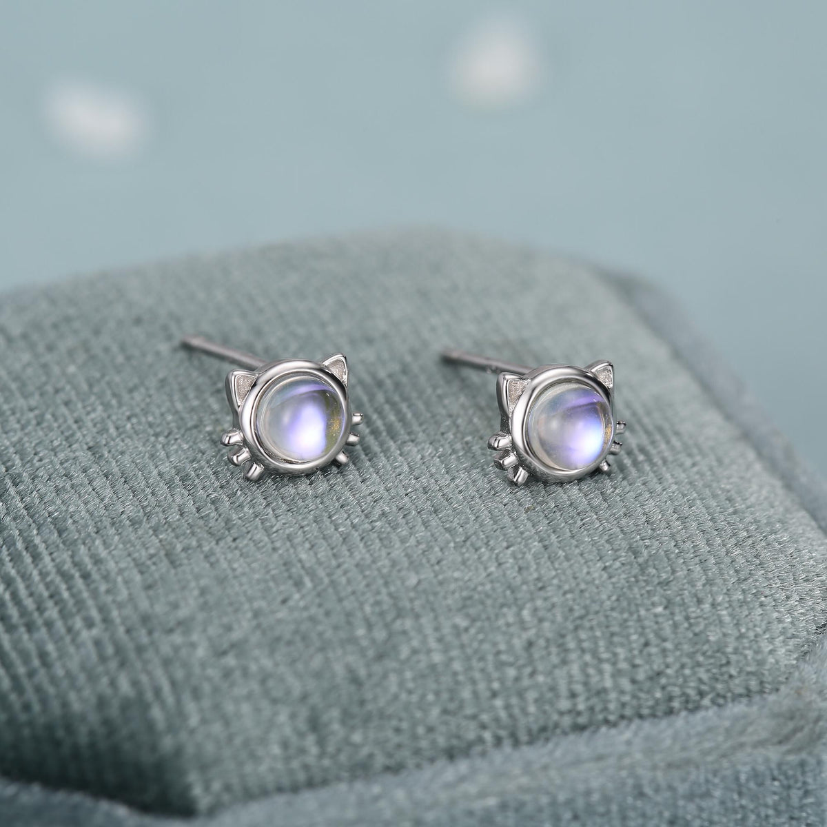 Moonstone Cat Stud Earrings in Sterling Silver, Opal Cat Earrings, Silver or Gold, Kitty Cat Earrings, Cat Lover Earrings