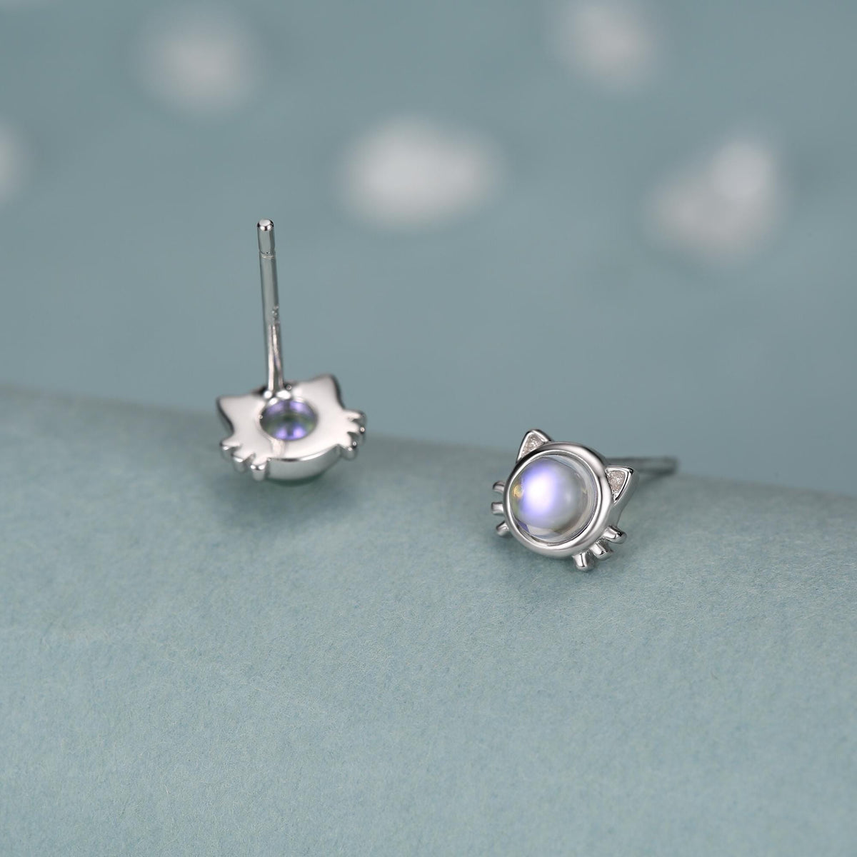 Moonstone Cat Stud Earrings in Sterling Silver, Opal Cat Earrings, Silver or Gold, Kitty Cat Earrings, Cat Lover Earrings