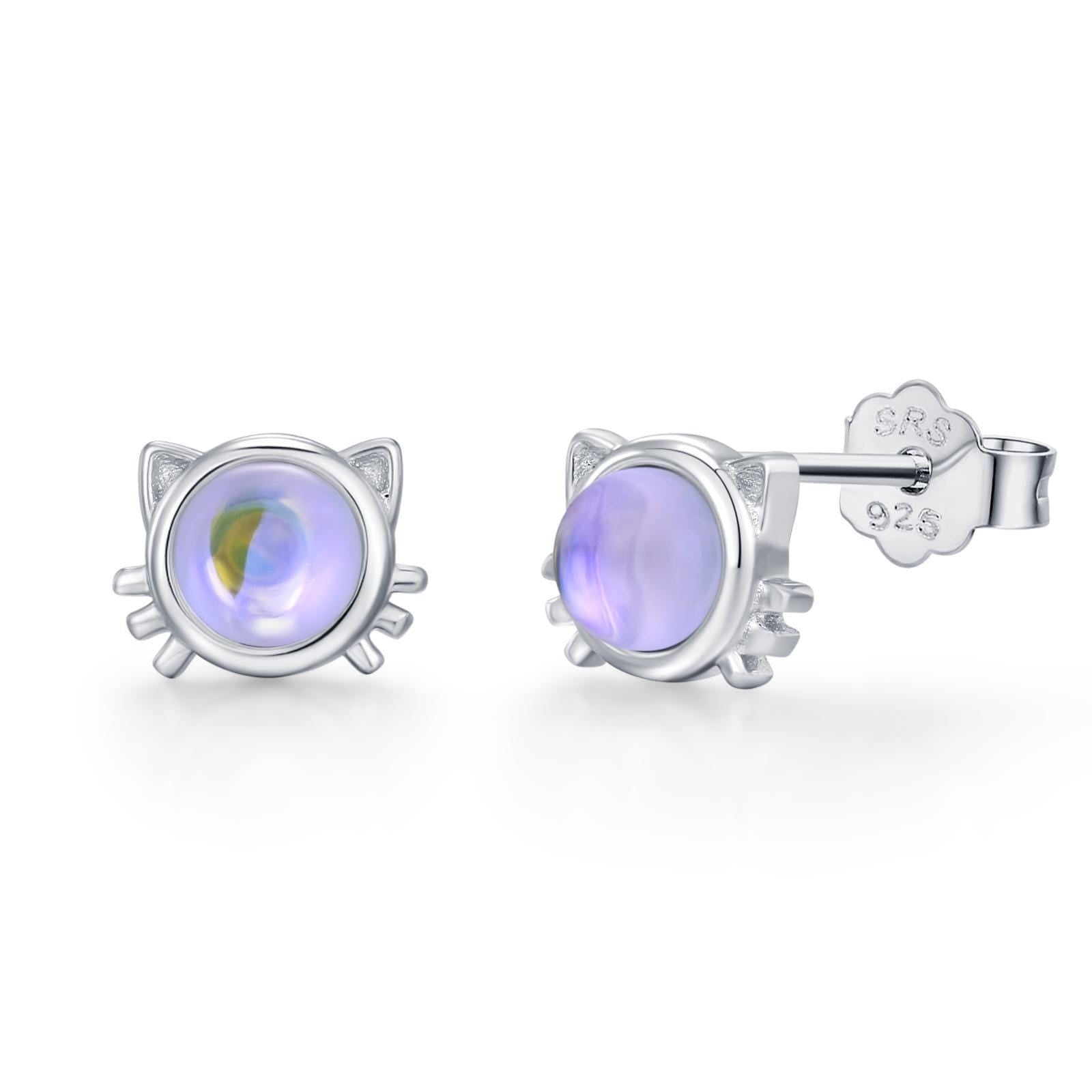 Moonstone Cat Stud Earrings in Sterling Silver, Opal Cat Earrings, Silver or Gold, Kitty Cat Earrings, Cat Lover Earrings