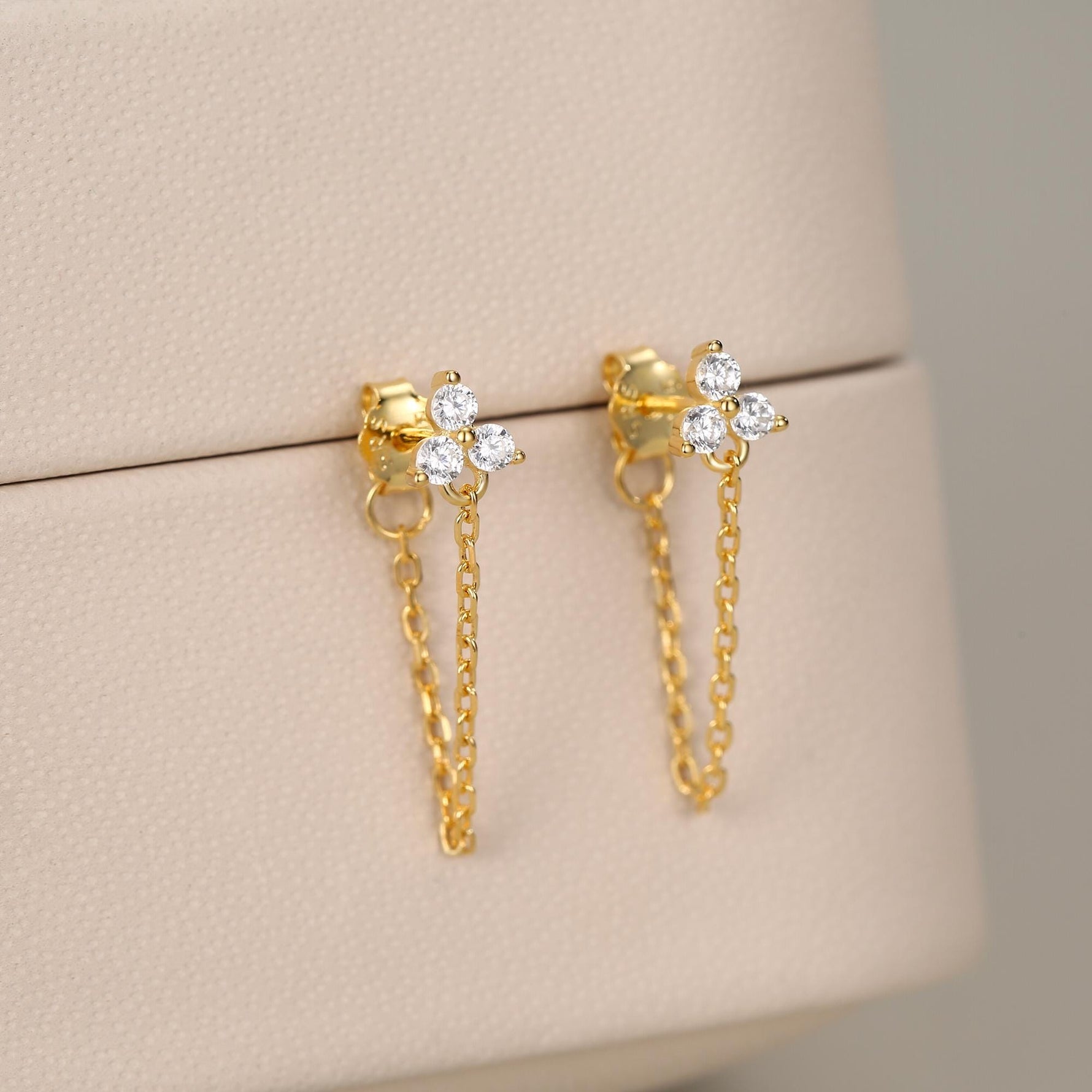 Tiny Three Dot Trio Chain Earrings in Sterling Silver, Silver or Gold, Trinity Three CZ Ear Jacket, CZ Jacket Earrings