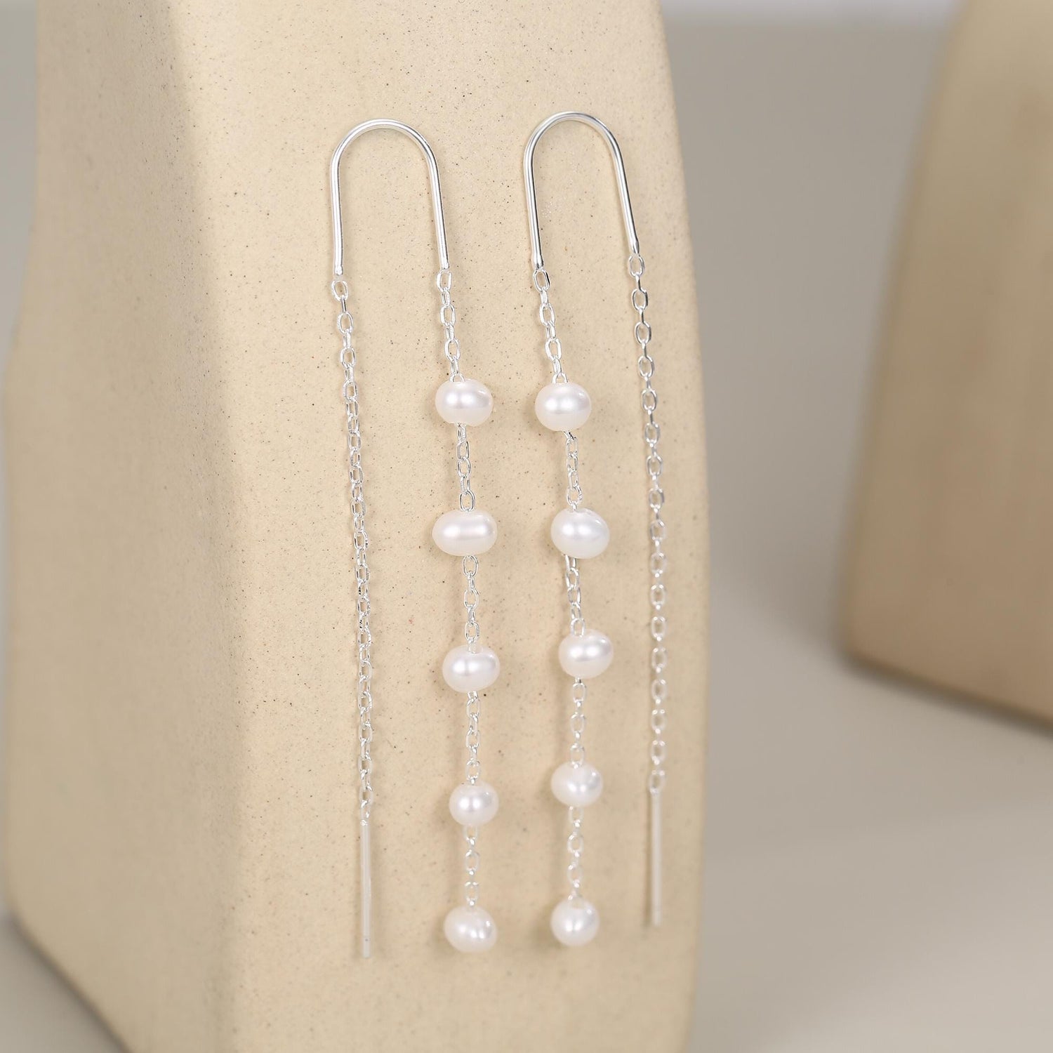 Genuine Freshwater Pearl U Shape Threader Earrings in Sterling Silver, Natural Pearl, Silver or Gold Finish Ear Threaders, Long Threaders,
