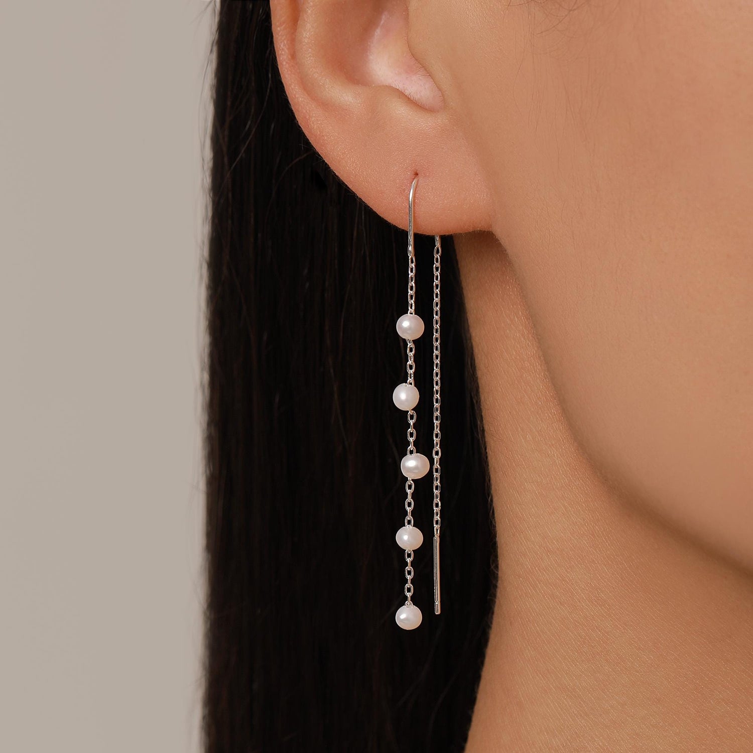 Genuine Freshwater Pearl U Shape Threader Earrings in Sterling Silver, Natural Pearl, Silver or Gold Finish Ear Threaders, Long Threaders,