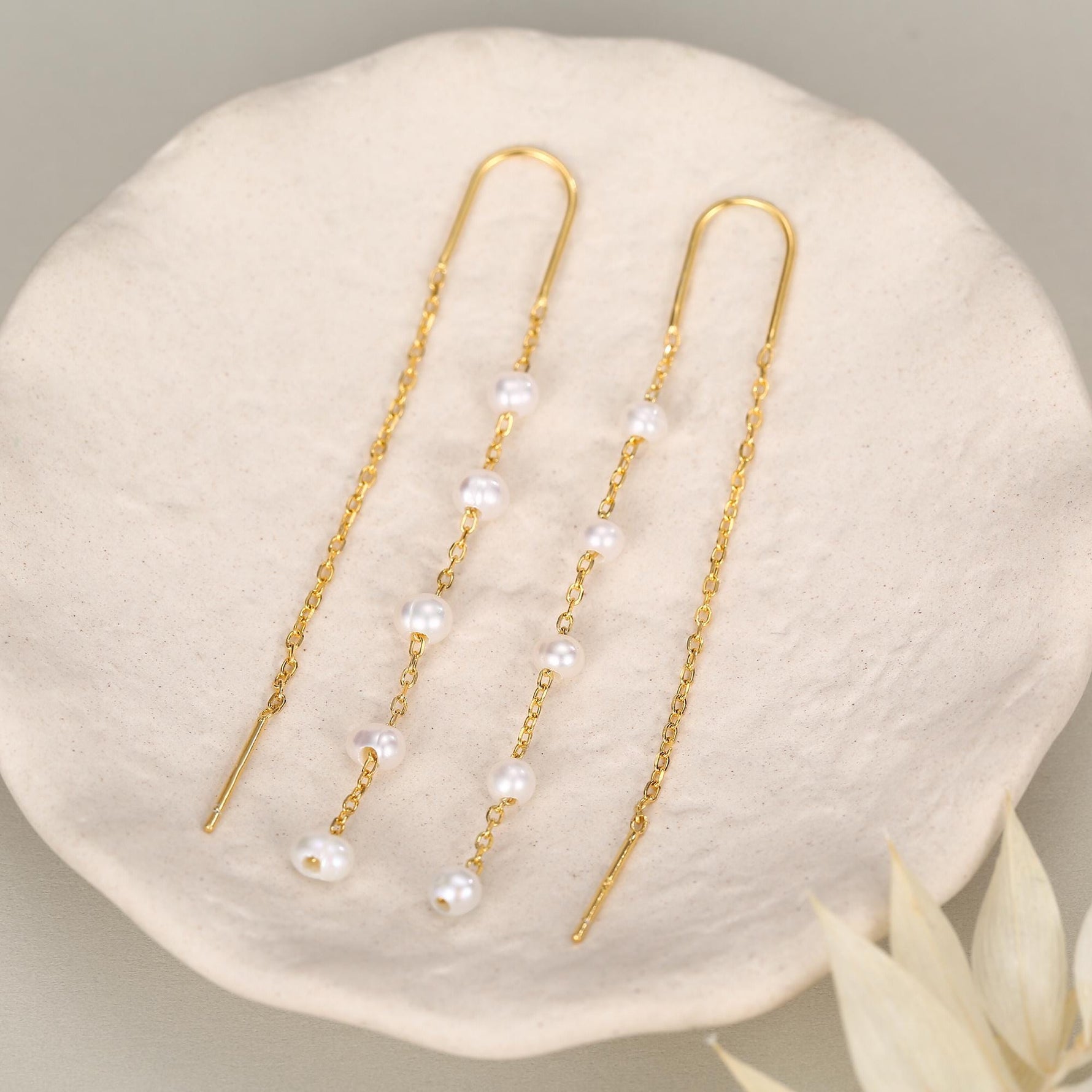 Genuine Freshwater Pearl U Shape Threader Earrings in Sterling Silver, Natural Pearl, Silver or Gold Finish Ear Threaders, Long Threaders,
