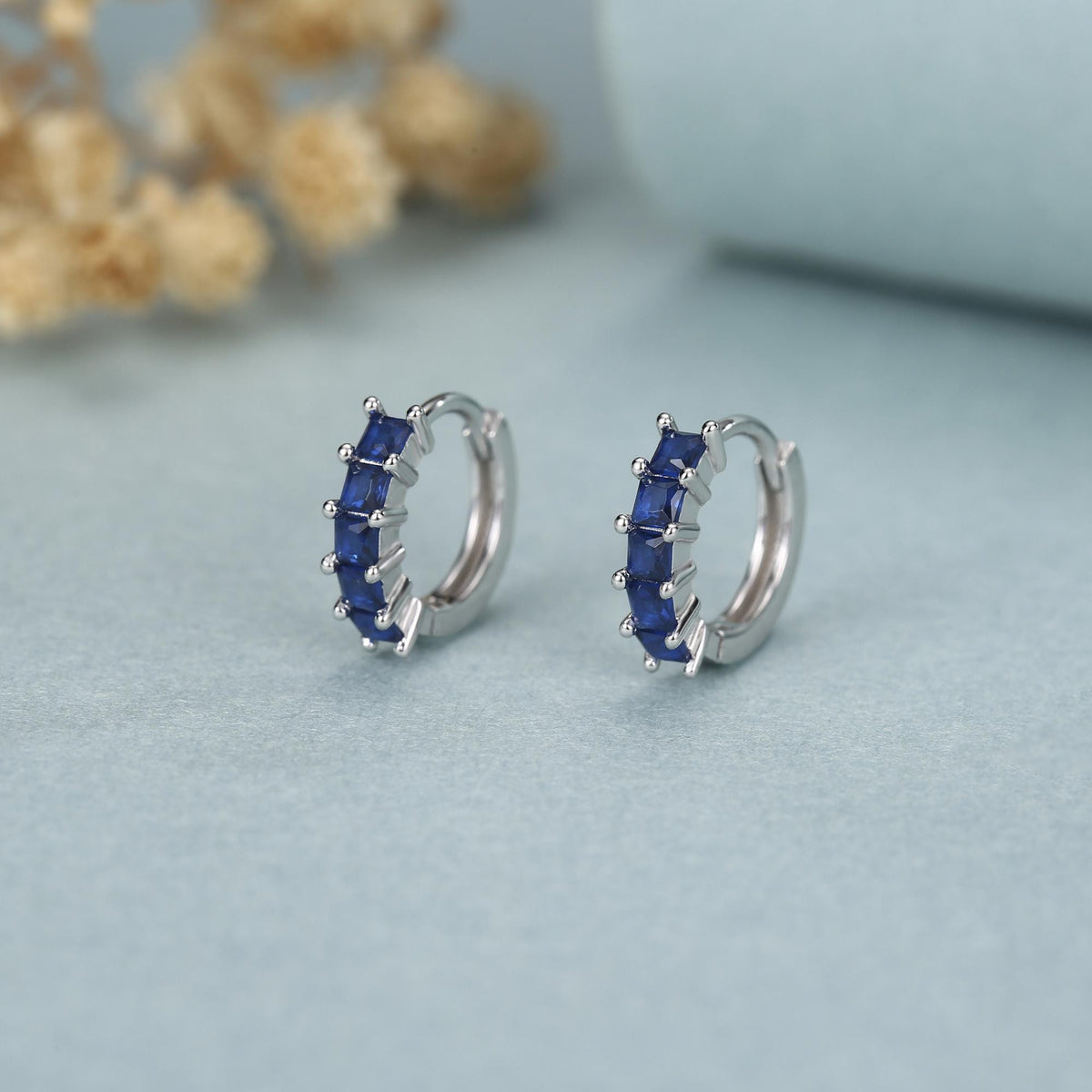 Sapphire Blue CZ Huggie Hoop in Sterling Silver, Silver or Gold, Minimalist Simple Hoop Earrings,