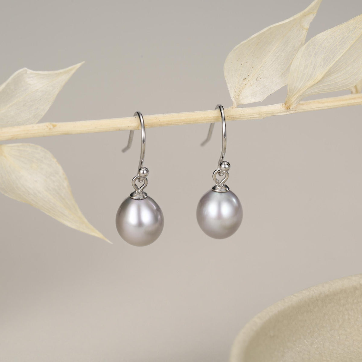 Sterling Silver Grey Pearl Earrings, Natural Freshwater Pearl Drop Hook Earrings in Sterling Silver, Oval Pearl Earrings