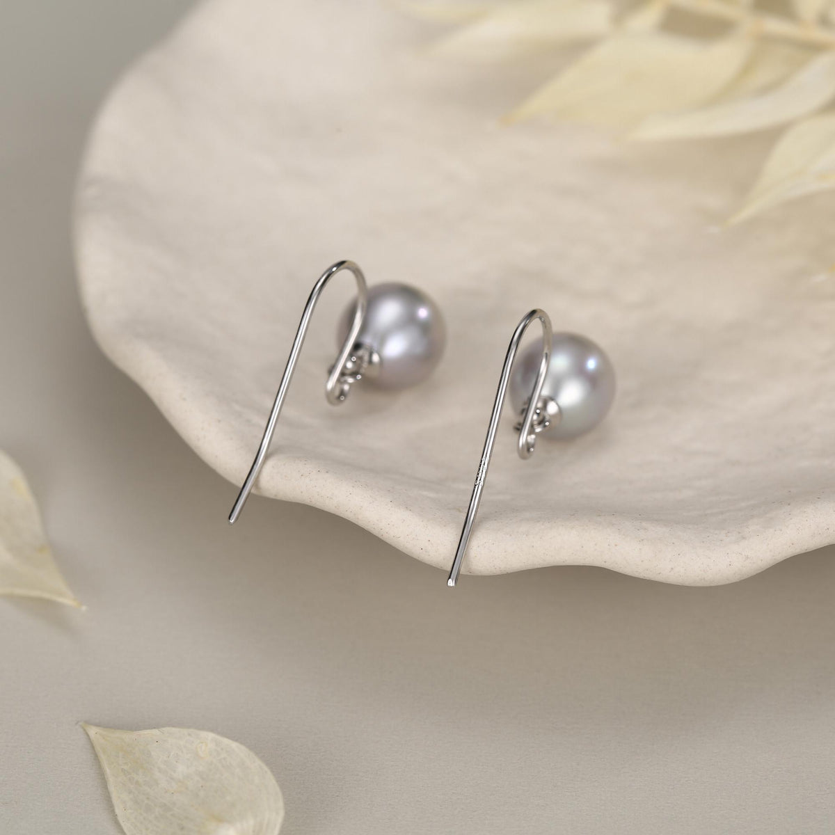 Sterling Silver Grey Pearl Earrings, Natural Freshwater Pearl Drop Hook Earrings in Sterling Silver, Oval Pearl Earrings